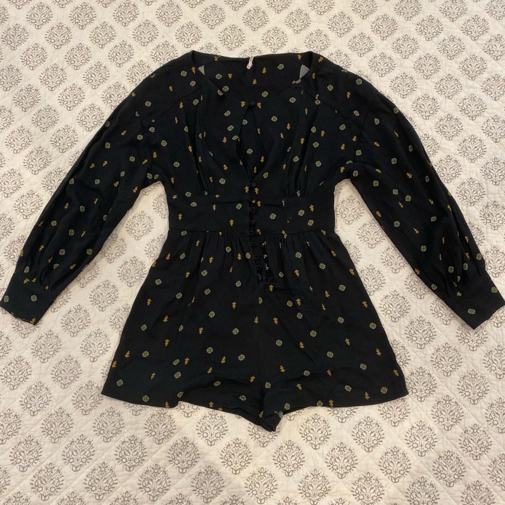 Free People black romper with gold/green designs